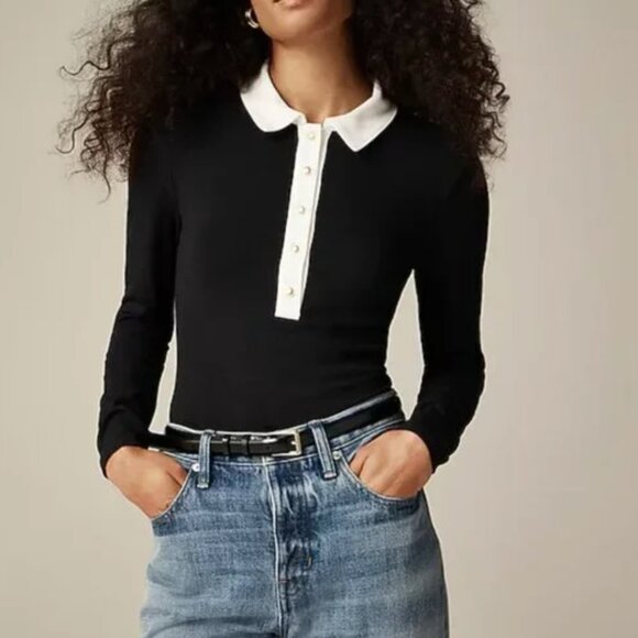 J.Crew Polo Shirt refined rib long sleeve womens Black (medium) rugby preppy - Picture 1 of 7